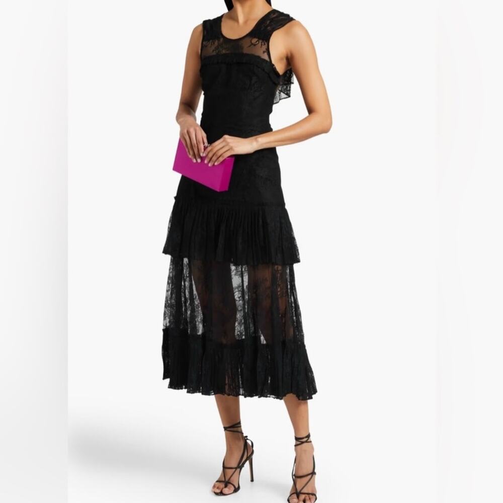 Alexis Feliciana Open Back Pleated Chantilly Lace Midi Dress Black Size XS